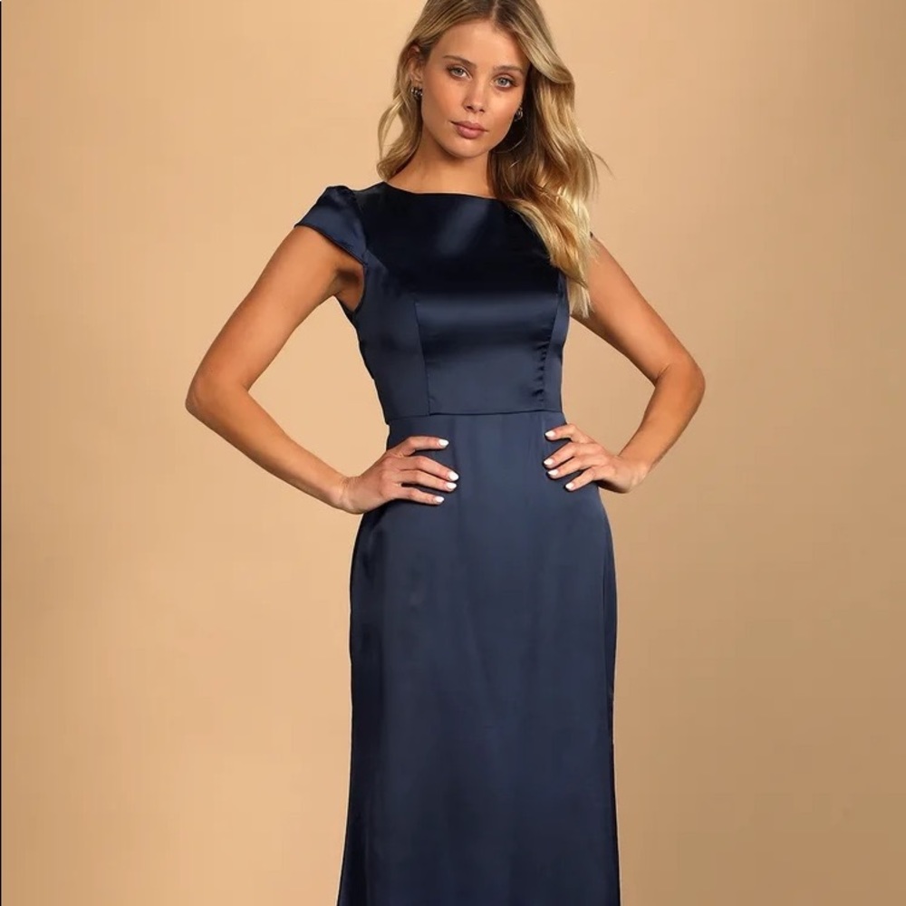 Navy Blue Satin Tie-Back Maxi Dress